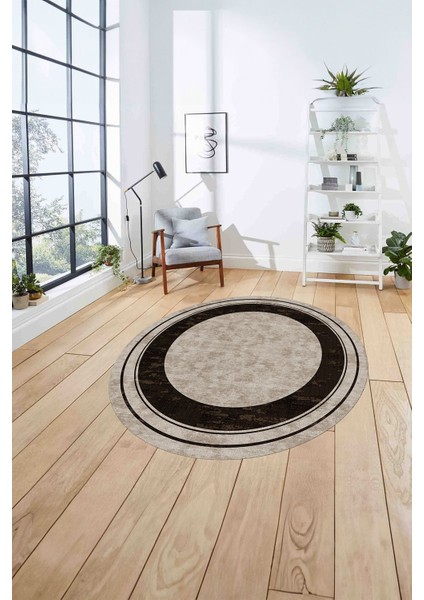 Baskılı Çerçeveli Düz Model Yıkanabilir Kaymaz Yuvarlak Salon Halısı, Çerçeveli-Y-60-Kahve, fırsatları