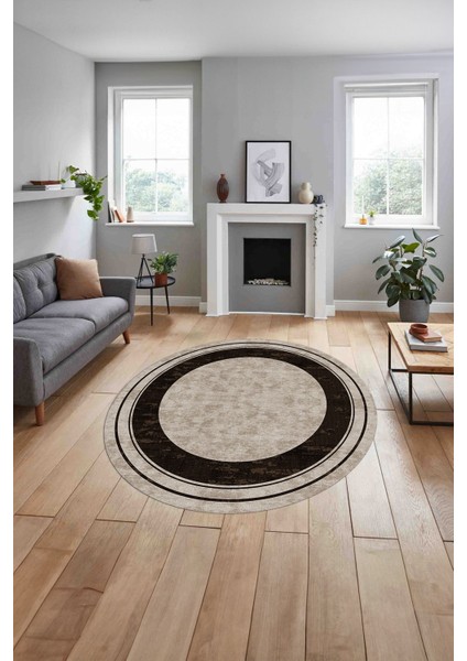 Baskılı Çerçeveli Düz Model Yıkanabilir Kaymaz Yuvarlak Salon Halısı, Çerçeveli-Y-60-Kahve, indirimleri