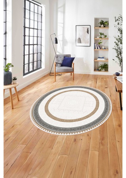Çerçeveli Vektörel Klasik Model Yıkanabilir Kaymaz Yuvarlak Salon Halısı, Çerçeveli-Y-93-Bej,