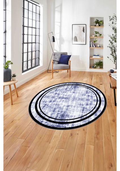 Çerçeveli Sade Modern Baskılı Yıkanabilir Kaymaz Yuvarlak Salon Halısı, Çerçeveli-Y-80-Lacivert,