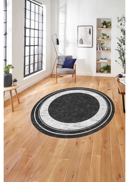 Baskılı Çerçeveli Düz Model Yıkanabilir Kaymaz Yuvarlak Salon Halısı, Çerçeveli-Y-60-Antrasit,