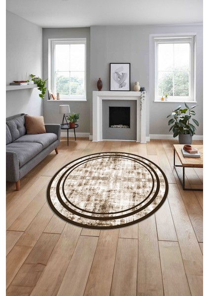 Çerçeveli Sade Modern Baskılı Yıkanabilir Kaymaz Yuvarlak Salon Halısı, Çerçeveli-Y-80-Kahve, indirimleri