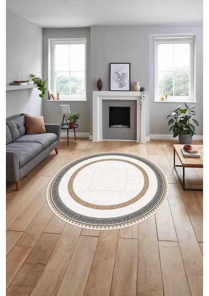 Çerçeveli Vektörel Klasik Model Yıkanabilir Kaymaz Yuvarlak Salon Halısı, Çerçeveli-Y-93-Bej, indirimleri