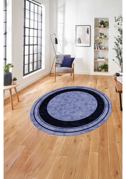 Baskılı Çerçeveli Düz Model Yıkanabilir Kaymaz Yuvarlak Salon Halısı, Çerçeveli-Y-60-Lacivert,
