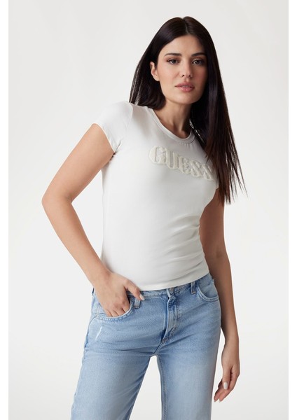 Kadın Pony Hair Logo T-Shirt - Beyaz