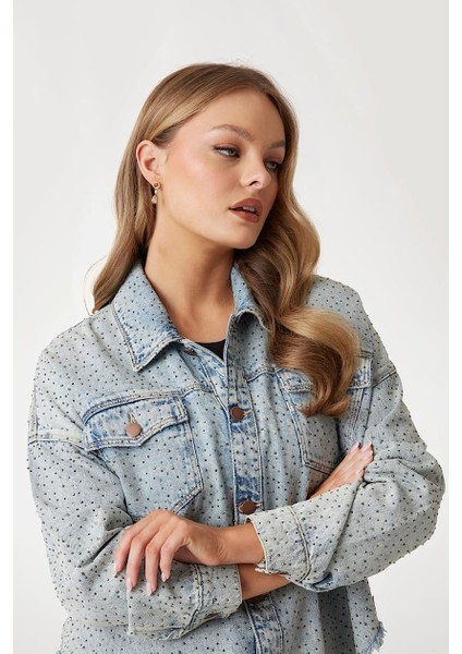 Kadın Western Shacket Suni Taş Işlemeli Denim Ceket - Mavi modelleri