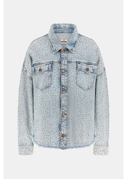 Kadın Western Shacket Suni Taş Işlemeli Denim Ceket - Mavi indirimleri
