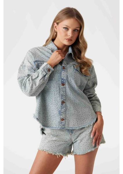 Kadın Western Shacket Suni Taş Işlemeli Denim Ceket - Mavi