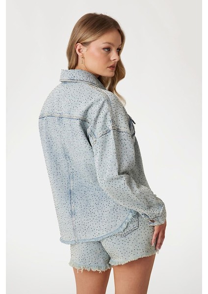 Kadın Western Shacket Suni Taş Işlemeli Denim Ceket - Mavi fiyatları