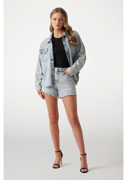 Kadın Western Shacket Suni Taş Işlemeli Denim Ceket - Mavi fırsatları
