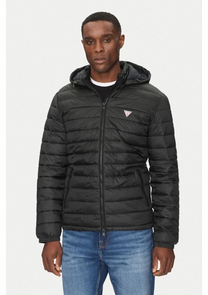 Erkek Gj Hooded Puffer Şişme Mont - Siyah