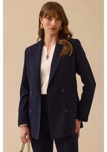 Kadın Kruvaze Yaka Düğmeli Astarlı Ceket - Lacivert