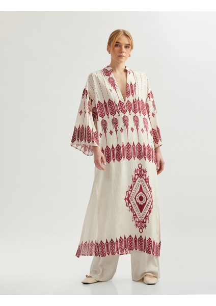 Kimono Kol Mandarin Yaka Etnik Desenli Uzun Viskon Elbise fiyatları