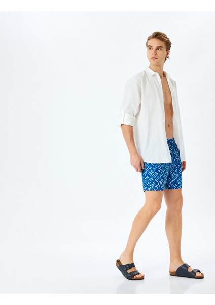 Beli Bağcıklı Baskılı Cep Detaylı Oversize Deniz Şortu