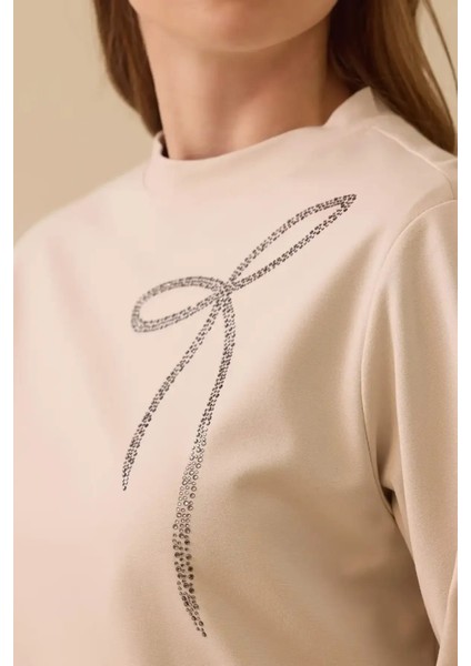Kadın Işleme Detaylı Uzun Kollu Sweatshirt - Bej
