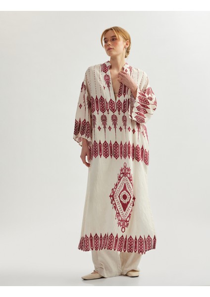 Kimono Kol Mandarin Yaka Etnik Desenli Uzun Viskon Elbise