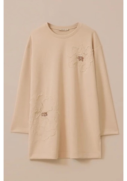 Kadın Büyük Beden Çiçek Işlemeli Sweatshirt - Bej