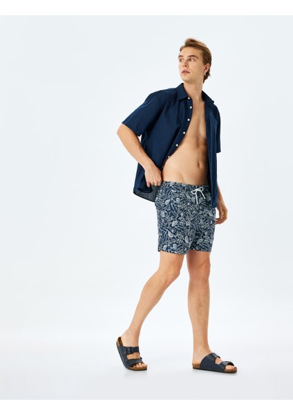 Baskılı Oversize Beli Bağcıklı Deniz Şortu