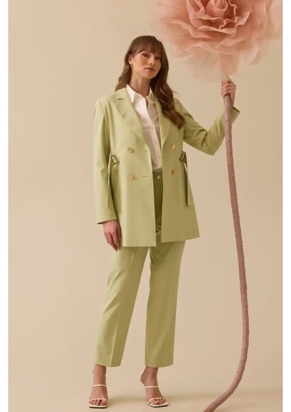 Kadın Beli Ayarlanabilir Çift Düğmeli Ceket - Yeşil