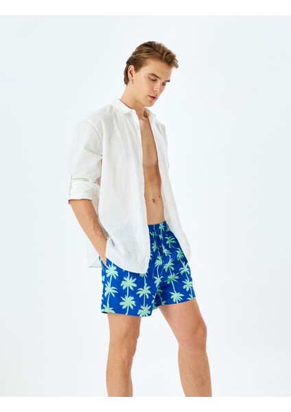 Palmiye Baskılı Oversize Beli Bağcıklı Deniz Şortu