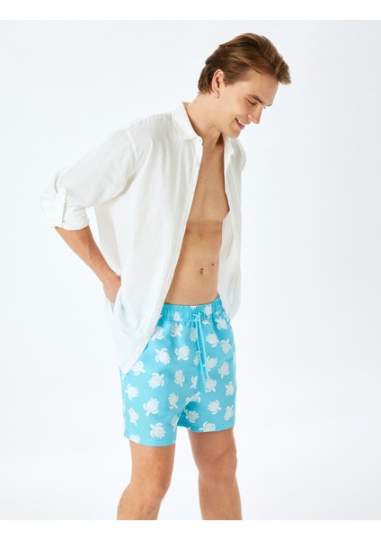Kaplumbağa Desenli Oversize Beli Bağcıklı Cepli Deniz Şortu