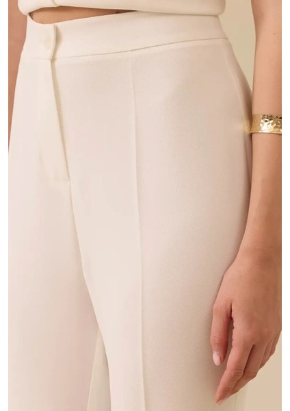 Kadın Yüksek Bel Krep Kumaş Ispanyol Paça Pantolon - Ekru modelleri