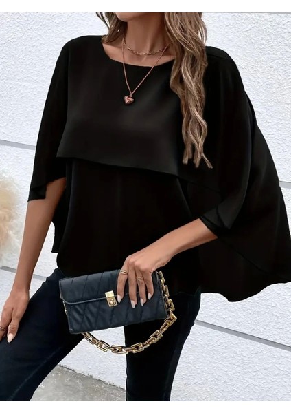 Kadın Asimetrik Pelerin Kollu Yuvarlak Yaka Salaş Sandy Bluz fiyatları