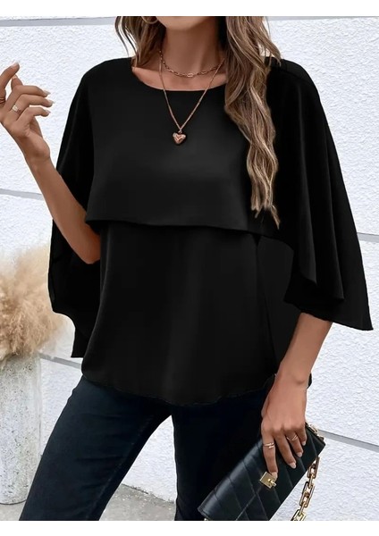 Kadın Asimetrik Pelerin Kollu Yuvarlak Yaka Salaş Sandy Bluz modelleri