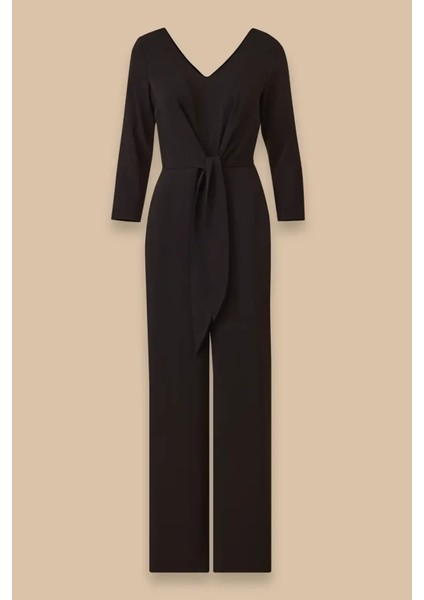 Kadın V Yaka Bağlama Detaylı Tulum - Siyah