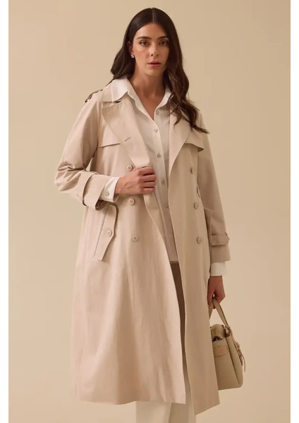 Kadın Cepli Düğmeli Diz Altı Trençkot - Bej