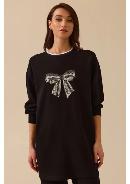 Kadın Fiyonk Işlemeli Uzun Sweatshirt - Siyah