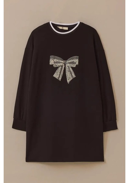 Kadın Fiyonk Işlemeli Uzun Sweatshirt - Siyah