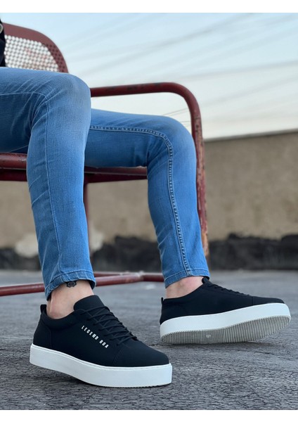 Bağcıklı Erkek Spor Ayakkabı Siyah Nubuk (Beyaz Taban)