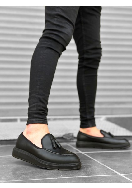 Bağcıksız Püsküllü Erkek Ayakkabı Siyah (Siyah Taban)