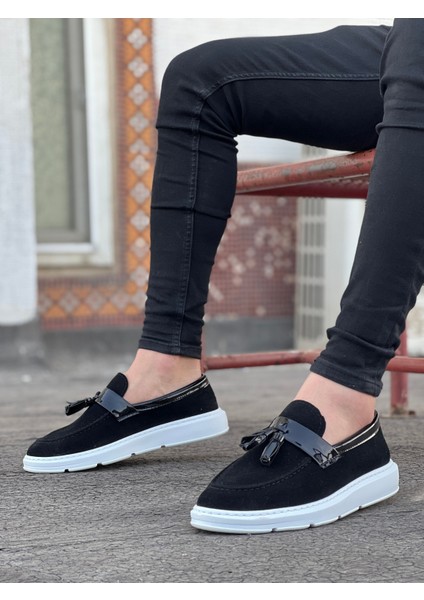 Bağcıksız Püsküllü Erkek Ayakkabı Siyah Süet (Beyaz Taban)