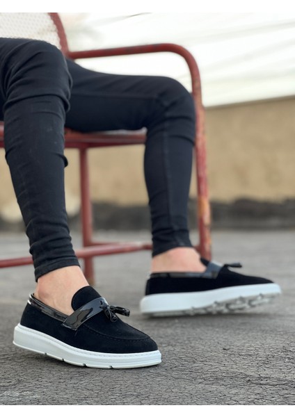 Bağcıksız Püsküllü Erkek Ayakkabı Siyah Süet (Beyaz Taban) fiyatları