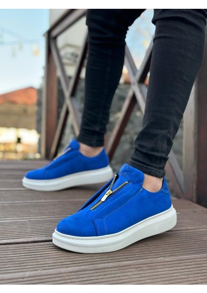 Fermuarlı Erkek Ayakkabı Mavi Süet (Beyaz Taban)