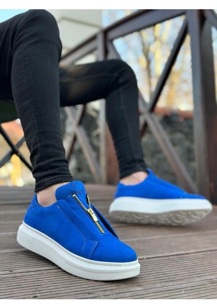Fermuarlı Erkek Ayakkabı Mavi Süet (Beyaz Taban) fiyatları