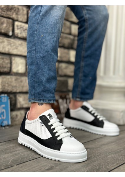 Bağcıklı Erkek Spor Ayakkabı Beyaz Siyah (Beyaz Taban)