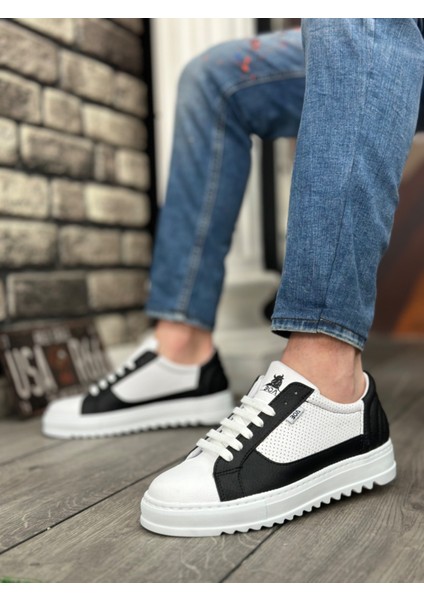 Bağcıklı Erkek Spor Ayakkabı Beyaz Siyah (Beyaz Taban) fiyatları