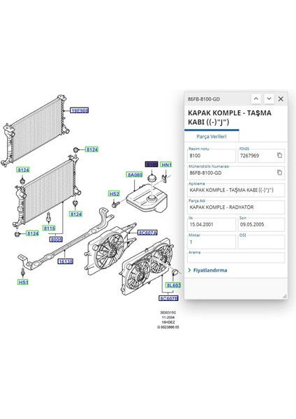 Radyatör Depo Kapak Focus Fiesta Courier Conncet Escort ( 86FB8100GD ) fiyatları