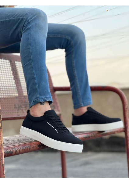 Bağcıklı Erkek Spor Ayakkabı Siyah Nubuk (Beyaz Taban)