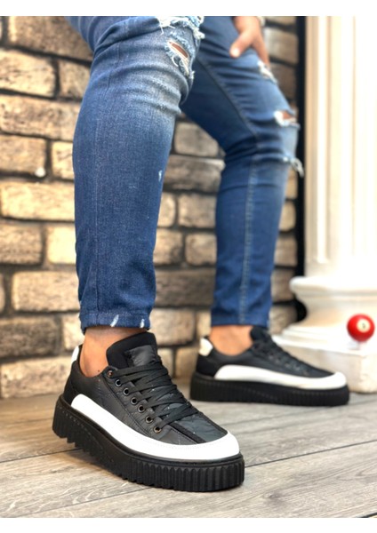 Bağcıklı Paraşüt Kumaş Erkek Spor Ayakkabı Siyah Beyaz (Siyah Taban)
