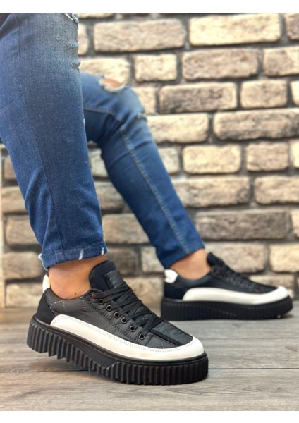 Bağcıklı Paraşüt Kumaş Erkek Spor Ayakkabı Siyah Beyaz (Siyah Taban) fiyatları