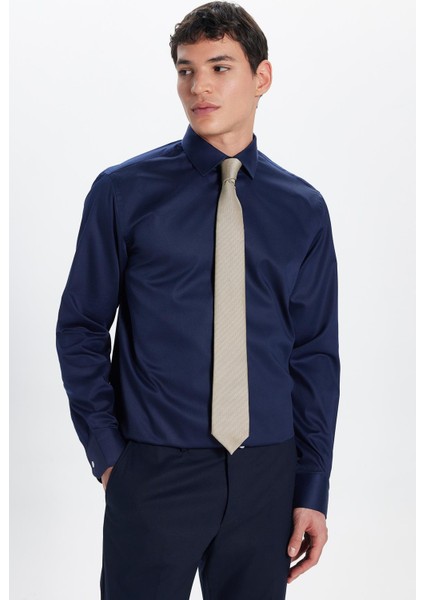 Erkek Slim Fit Non-Iron Pamuklu Doğa Dostu Ekoteks Belgeli Ütü Gerektirmez lacivert Gömlek