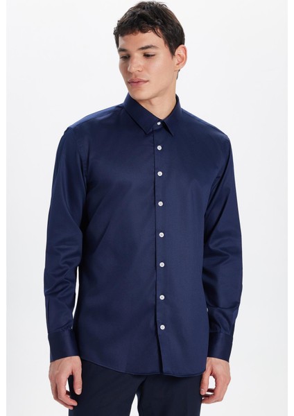 Erkek Slim Fit Non-Iron Pamuklu Doğa Dostu Ekoteks Belgeli Ütü Gerektirmez lacivert Gömlek indirimleri