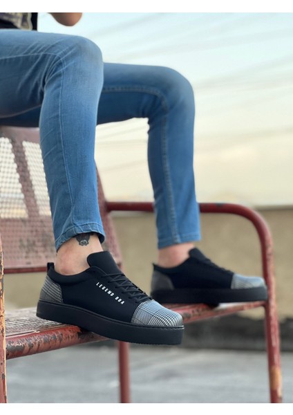 Bağcıklı Ekose Detaylı Erkek Spor Ayakkabı Siyah Süet (Siyah Taban)