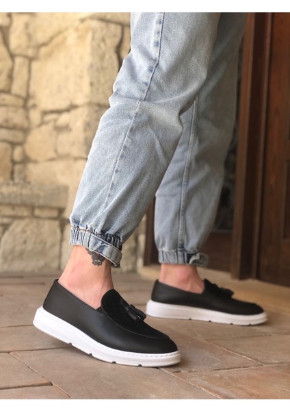 Bağcıksız Püsküllü Erkek Ayakkabı Siyah (Beyaz Taban)