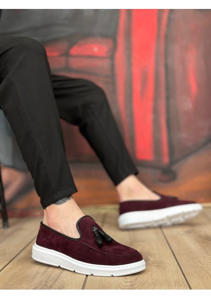Bağcıksız Püsküllü Erkek Ayakkabı Bordo Süet (Beyaz Taban)