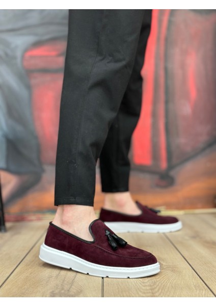 Bağcıksız Püsküllü Erkek Ayakkabı Bordo Süet (Beyaz Taban) modelleri